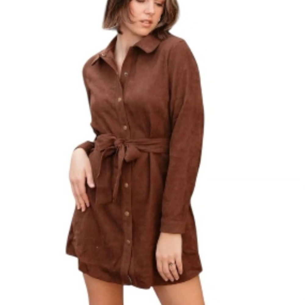 SADIE & SAGE SHIRT DRESS BROWN MINI. WAIST TIE. VELVET 2X.